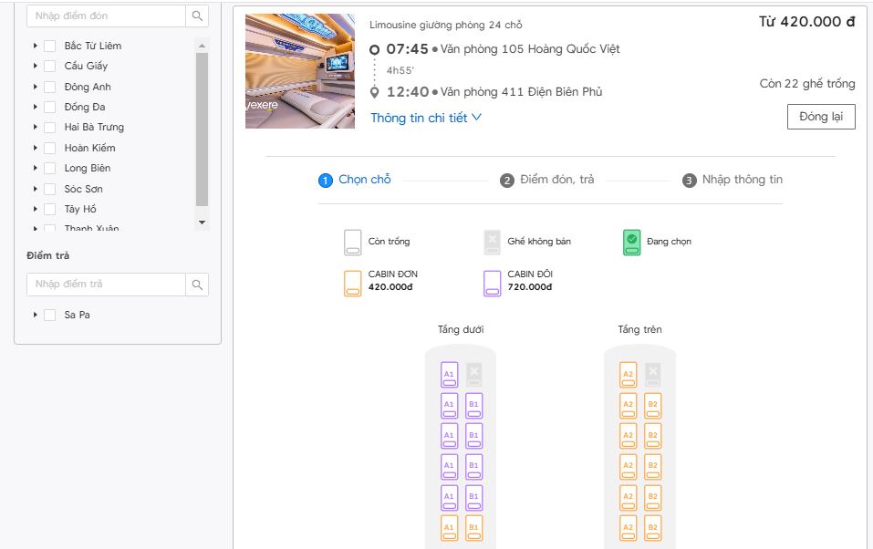 Chọn điểm đi, điểm đến và chọn chỗ để bắt đầu chuyến hành trình