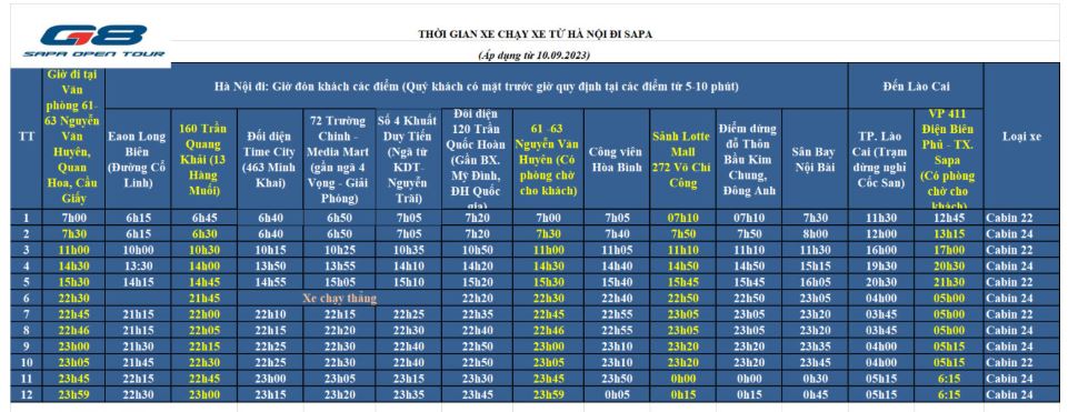 Thông tin chi tiết về các khung giờ xe G8 chạy